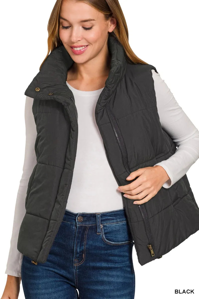 Zenana High Neck Zip-Up Vest Coat OutfitFlow