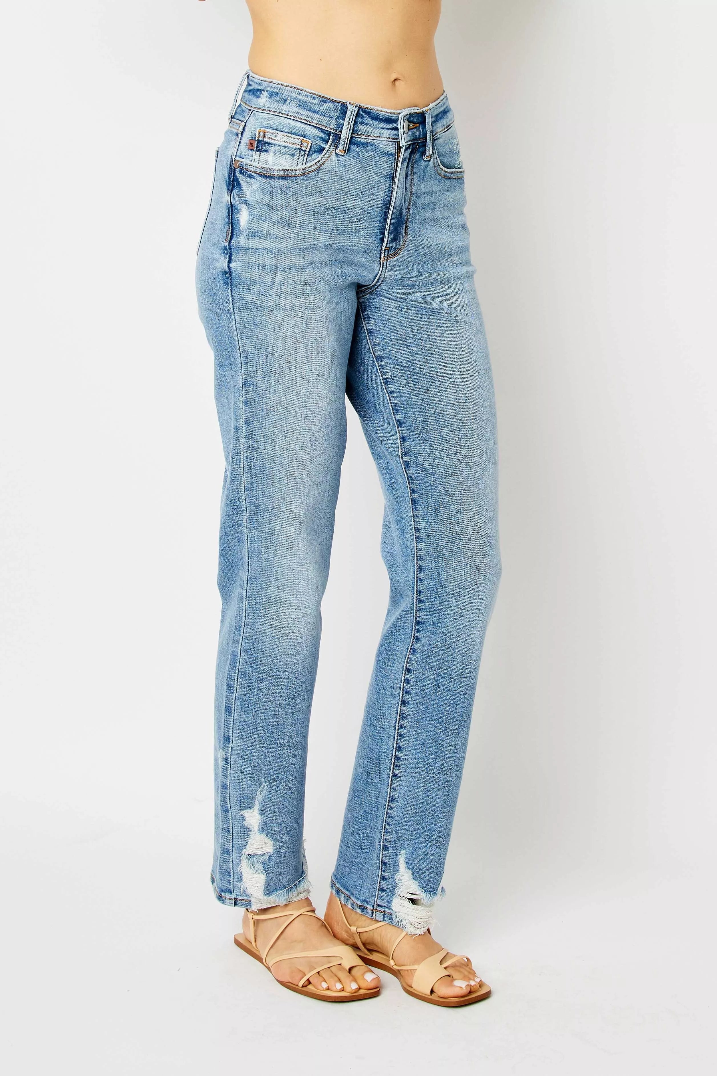 Judy Blue Full Size High Waist Straight Jeans with Heavy Destroy Plus Size OutfitFlow