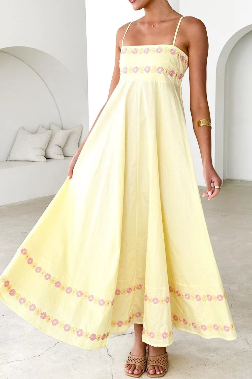 Floral Embroidered Spaghetti Strap Maxi Dress Pastel Yellow OutfitFlow