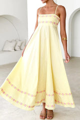 Floral Embroidered Spaghetti Strap Maxi Dress Pastel Yellow OutfitFlow