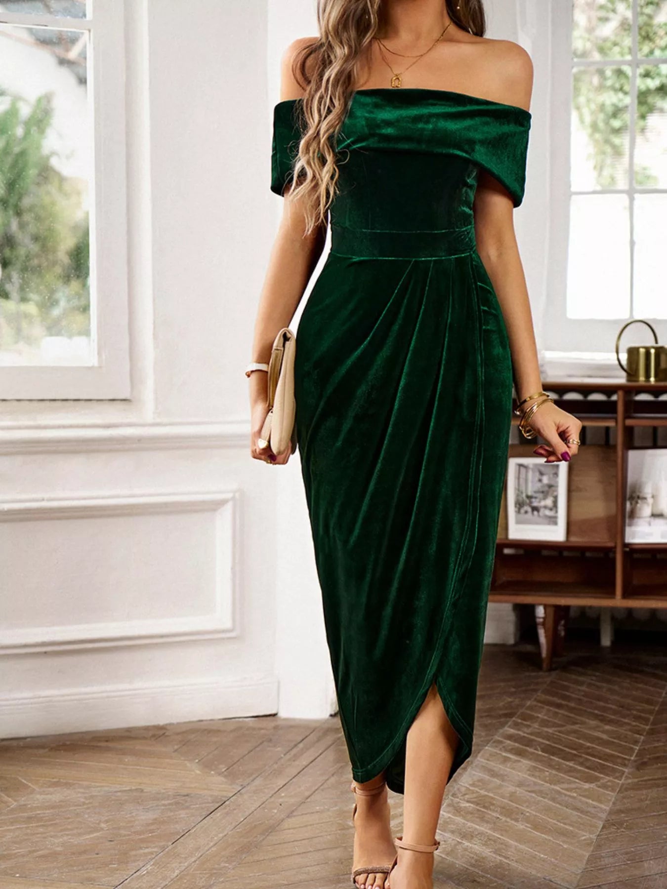 Velvet Off-Shoulder Ruched Midi Dress Trendsi