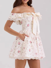 Off-Shoulder Floral Lace Trim Mini Dress OutfitFlow
