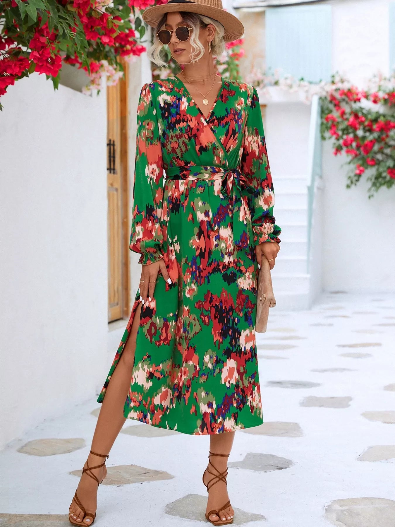 Printed Surplice Long Sleeve Midi Dress OutfitFlow