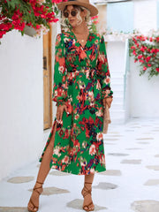 Printed Surplice Long Sleeve Midi Dress OutfitFlow
