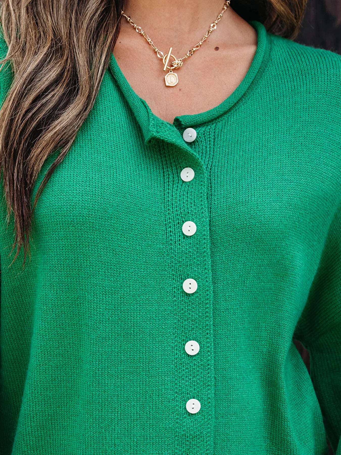 Solid Color Knit Button Drop Shoulder Sweater Cardigan OutfitFlow
