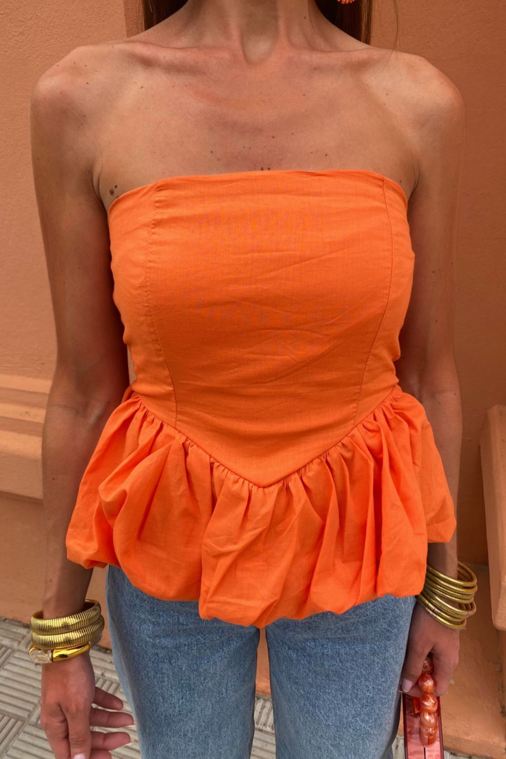 Smocked Back Bubble Hem Tube Top Orange OutfitFlow