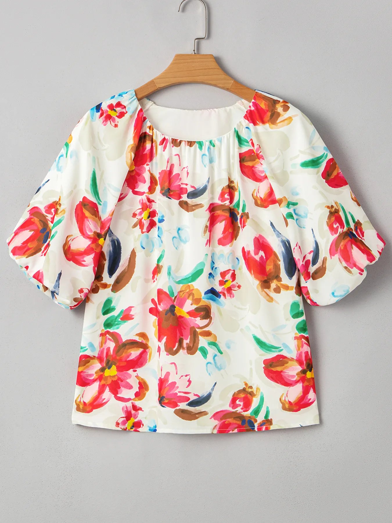 Floral Print Puffy Half Sleeve Blouse OutfitFlow