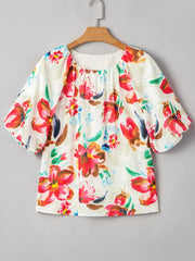 Floral Print Puffy Half Sleeve Blouse OutfitFlow