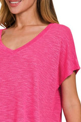 Zenana Hacci Slub V-neck Drop Shoulder Crop Top OutfitFlow