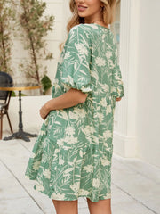 Printed V-Neck Ruffle Hem Mini Dress OutfitFlow