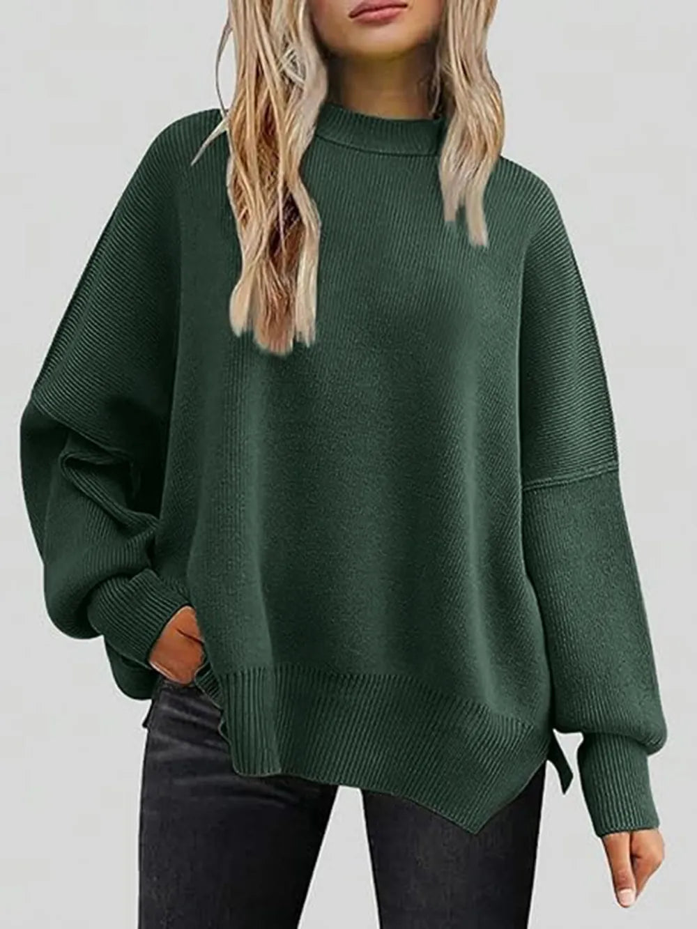 Round Neck Long Sleeve Sweater Black Forest OutfitFlow
