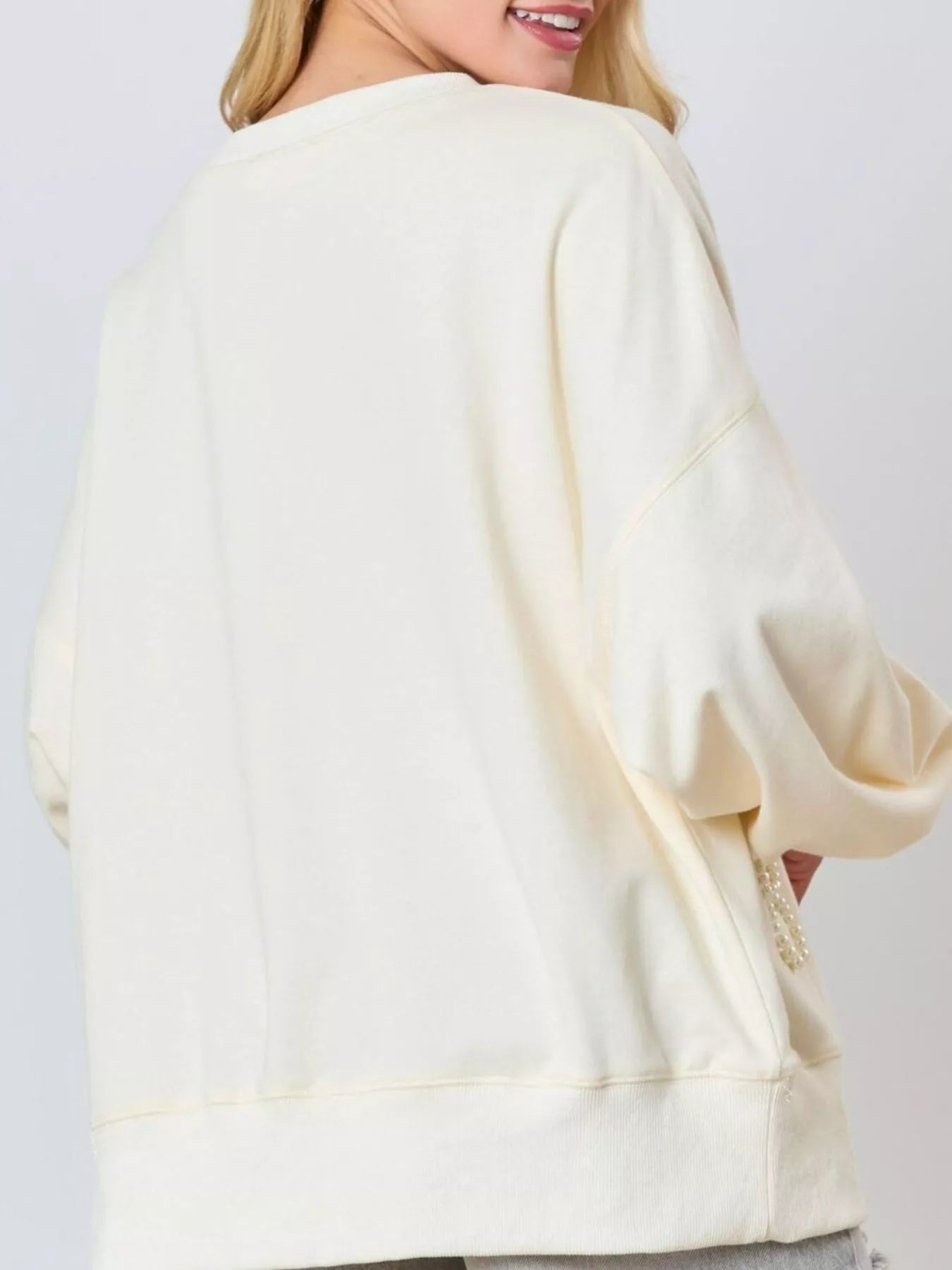 Pearl Embellished Bow Long Sleeve Sweatshirt OutfitFlow