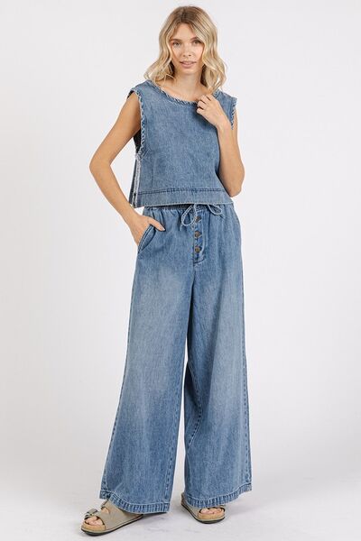 Mittoshop Washed Denim Distressed Detail Crop Tank OutfitFlow