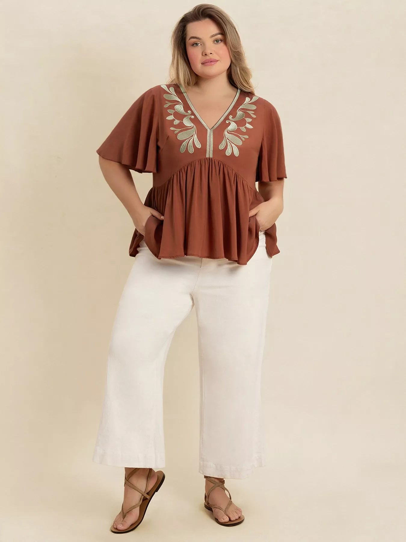 Plus Size Embroidered V-Neck Flutter Sleeve Blouse OutfitFlow