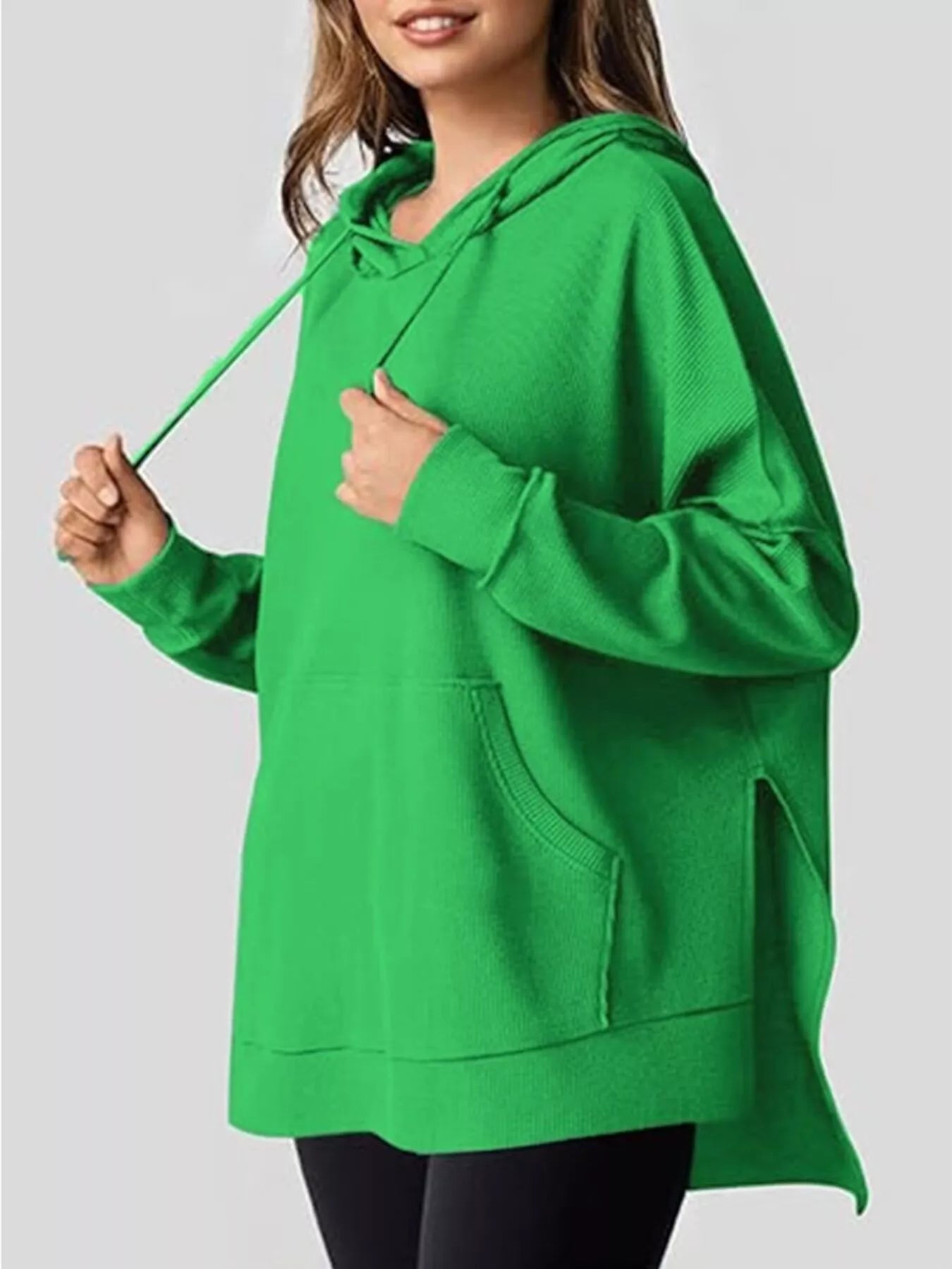 Oversized Drawstring Side Slit Hoodie Green OutfitFlow