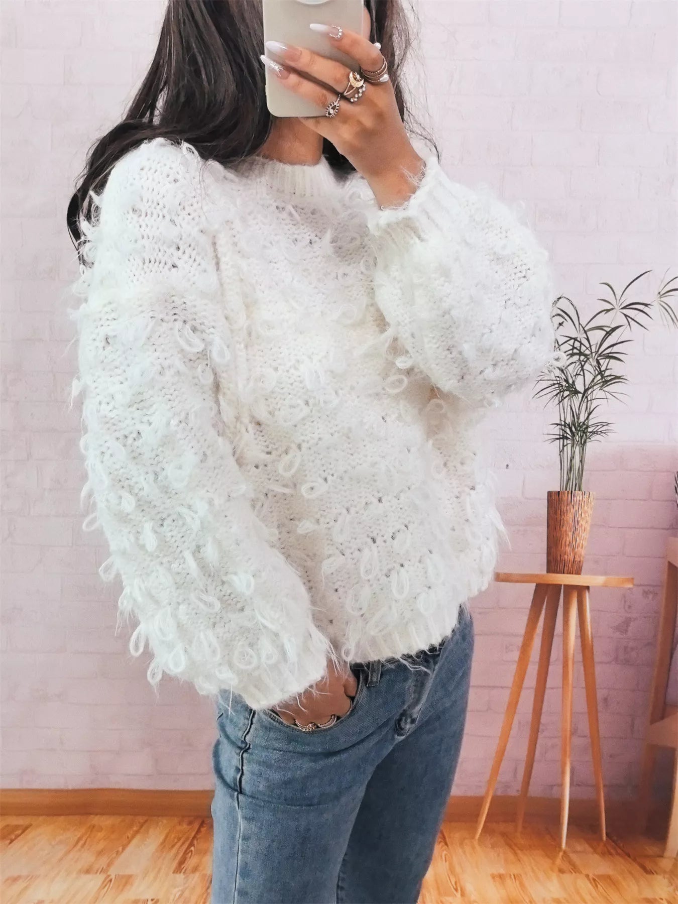 Chunky Round Neck Long Sleeve Sweater White One Size OutfitFlow