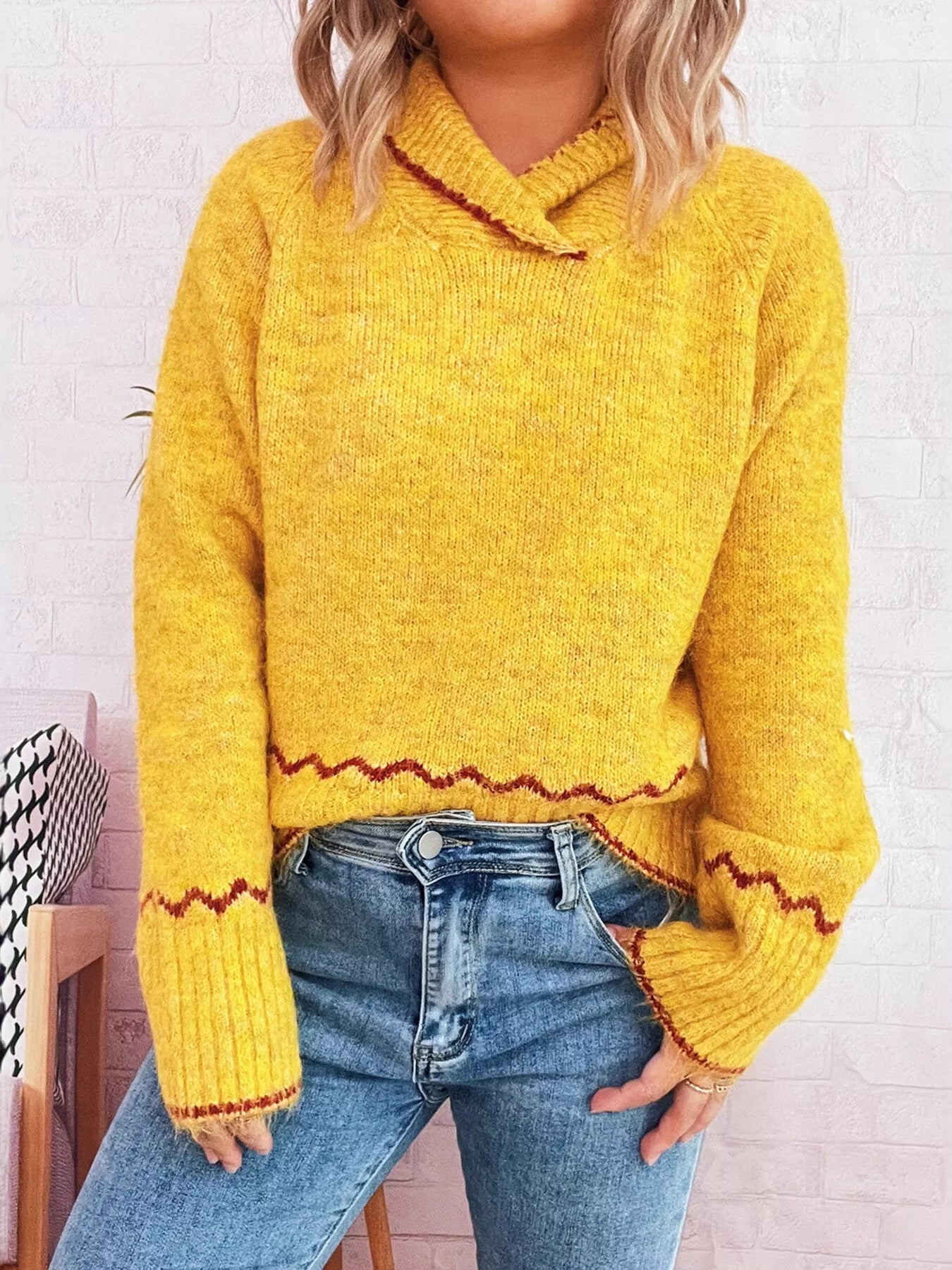 Ribbed Contrast Trim Long Sleeve Sweater OutfitFlow