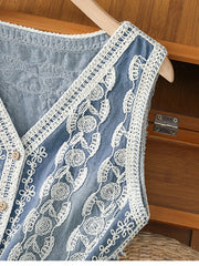 Embroidered Button Up V-Neck Vest Coat Trendsi
