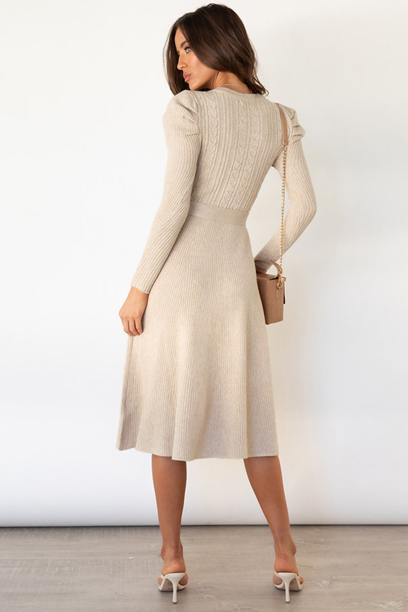 Outfit Flow - Round Neck Long Sleeve Tie Waist Sweater Dress