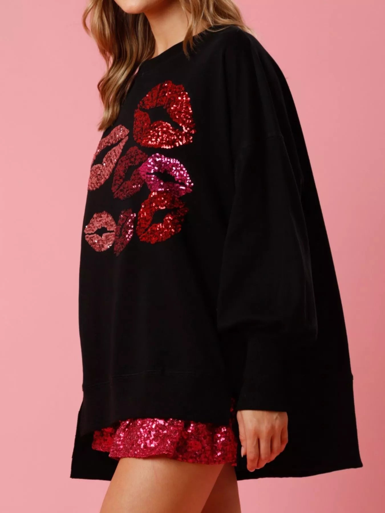 Lips Round Neck Dropped Shoulder Sweatshirt OutfitFlow