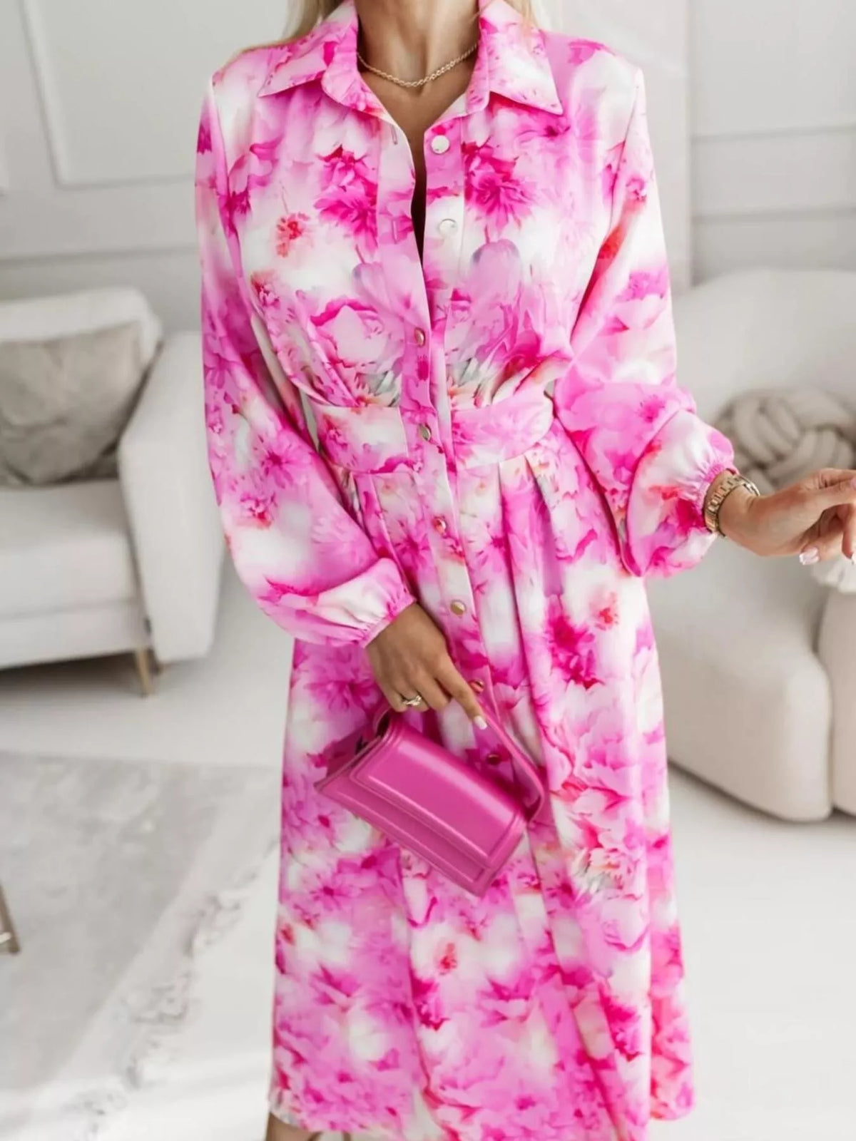 Printed Button Front Maxi Shirt Dress Pink OutfitFlow