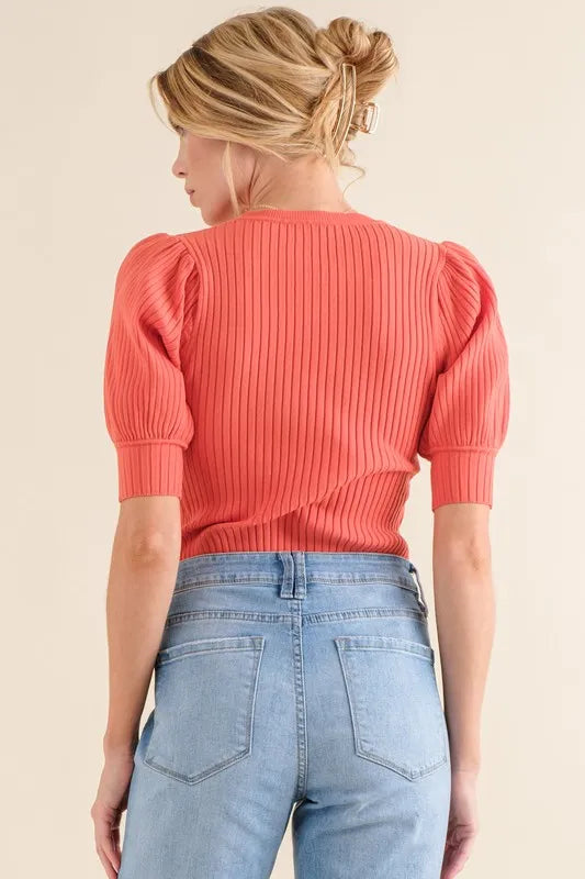 And The Why Puffed Half Sleeve Rib Basic Bodysuit OutfitFlow