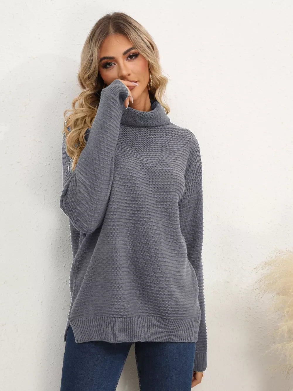 Slit Turtleneck Dropped Shoulder Sweater Trendsi