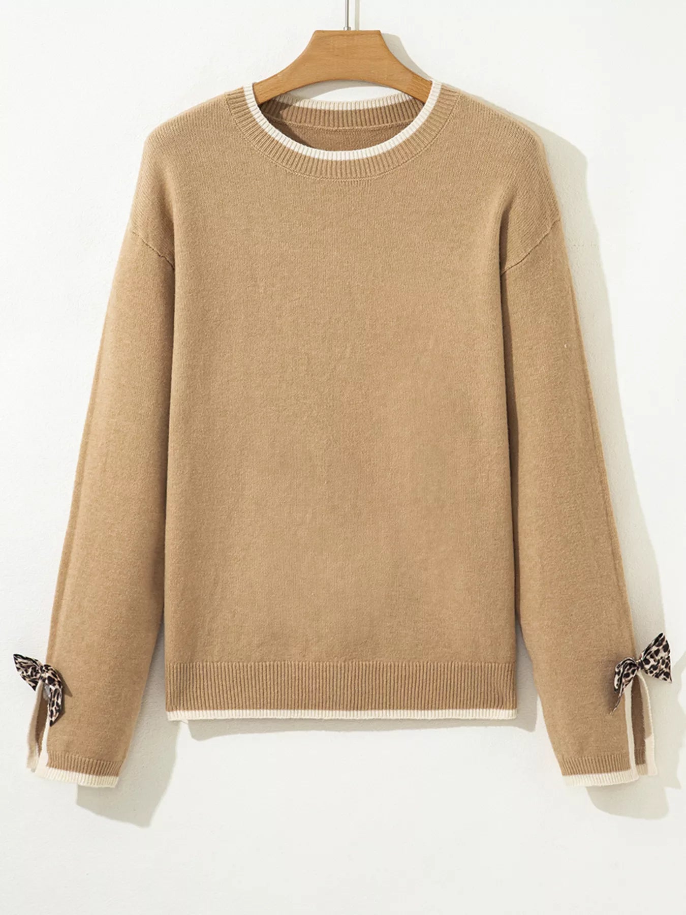 Leopard Bow Decor Split Cuff Contrast Trim Sweater OutfitFlow