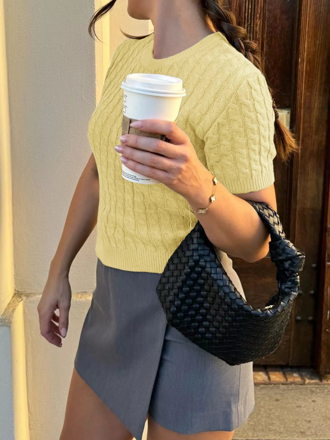 Cable-Knit Short Sleeve Sweater Trendsi