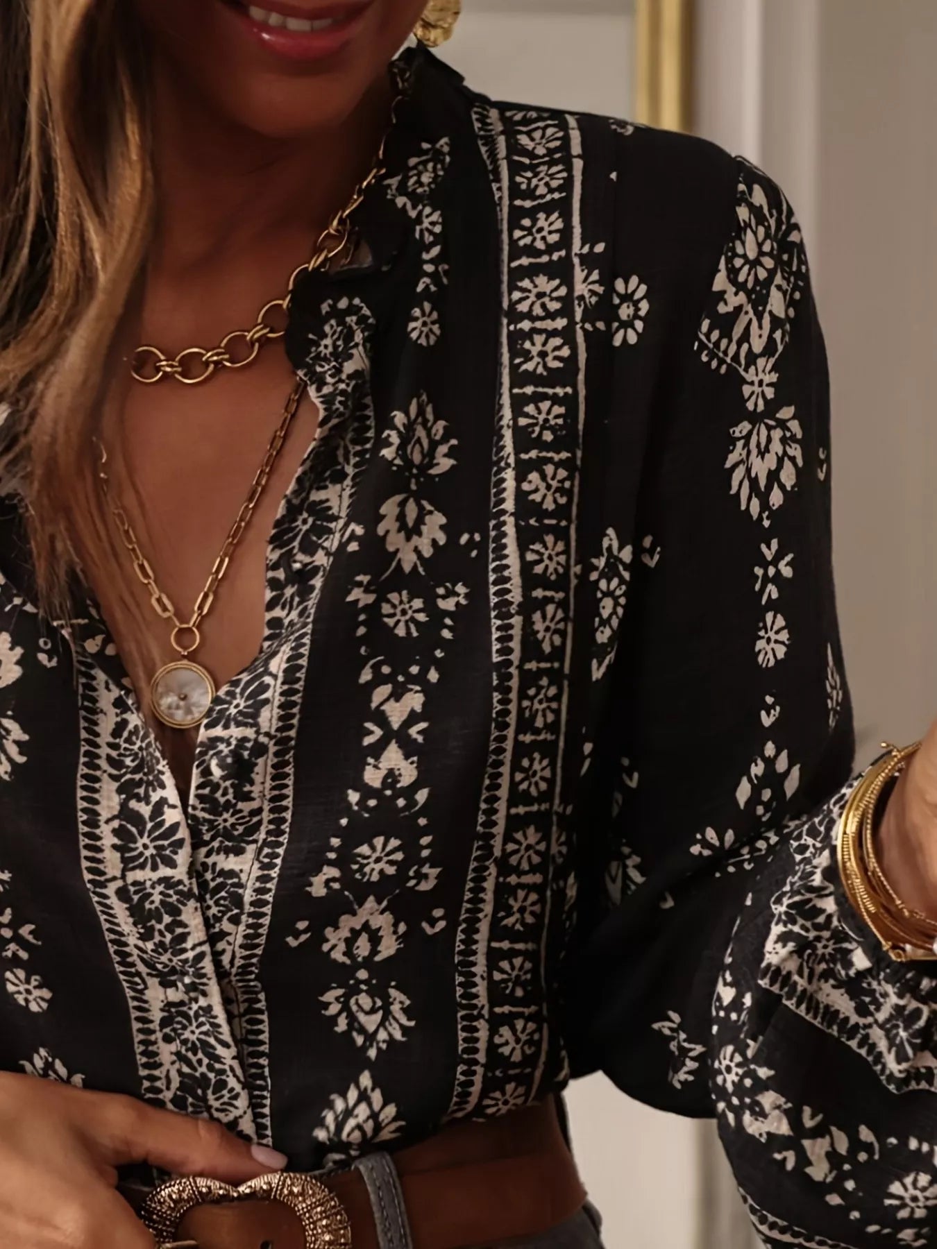 Printed Long Sleeve Blouse OutfitFlow