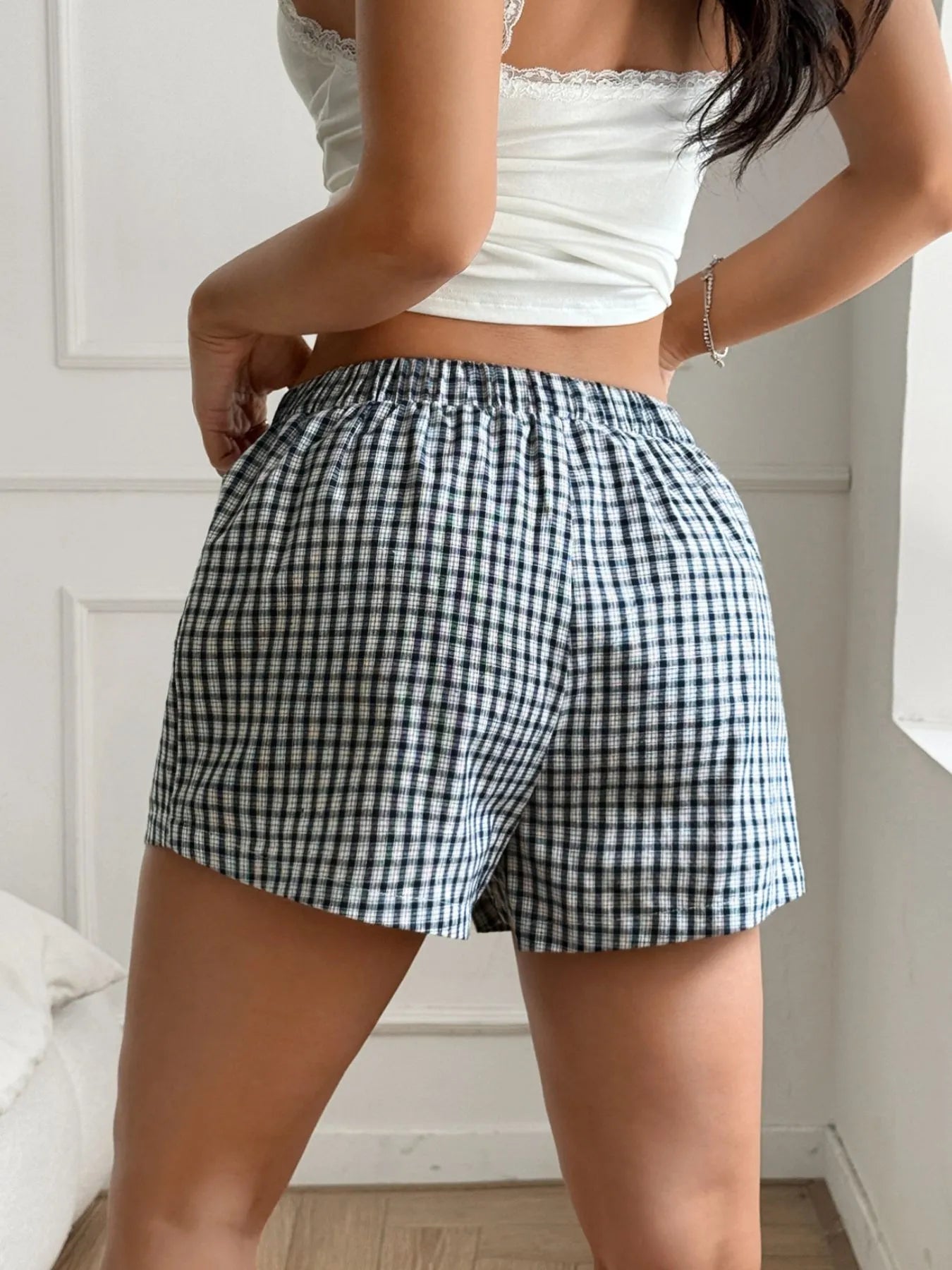Gingham Mini Shorts with Elastic Waistband OutfitFlow