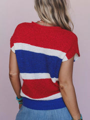 Striped Notched Short Sleeve Sweater OutfitFlow