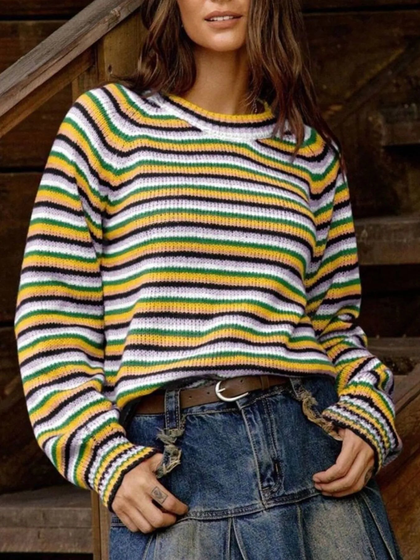 Rainbow Striped Pullover Sweater OutfitFlow