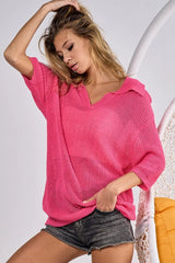 BiBi Short Sleeve Collared Knit Top OutfitFlow
