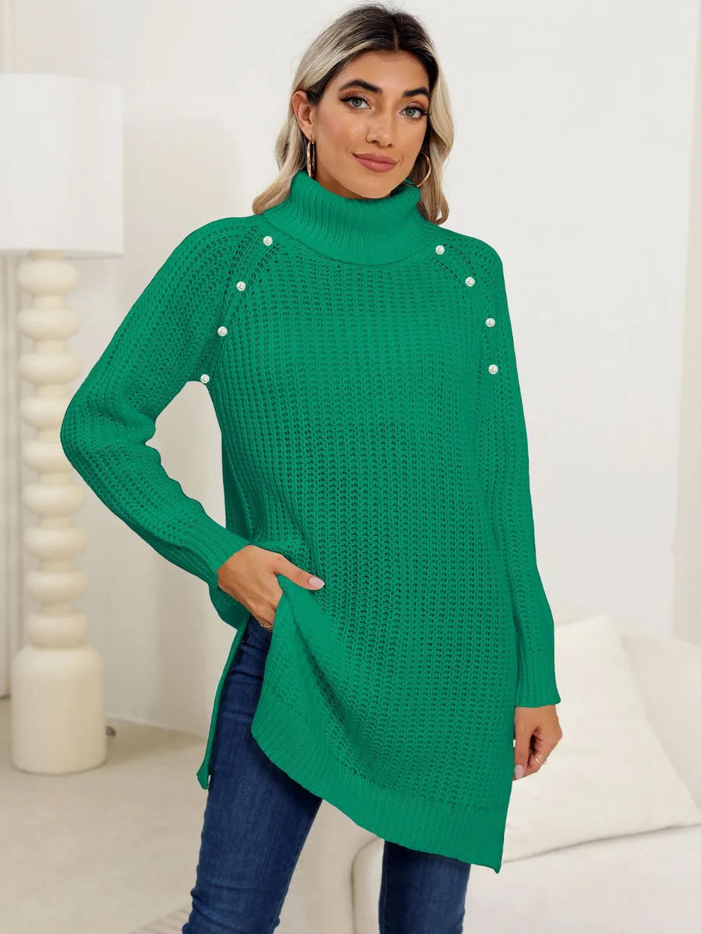 Slit Turtleneck Long Sleeve Sweater Green OutfitFlow