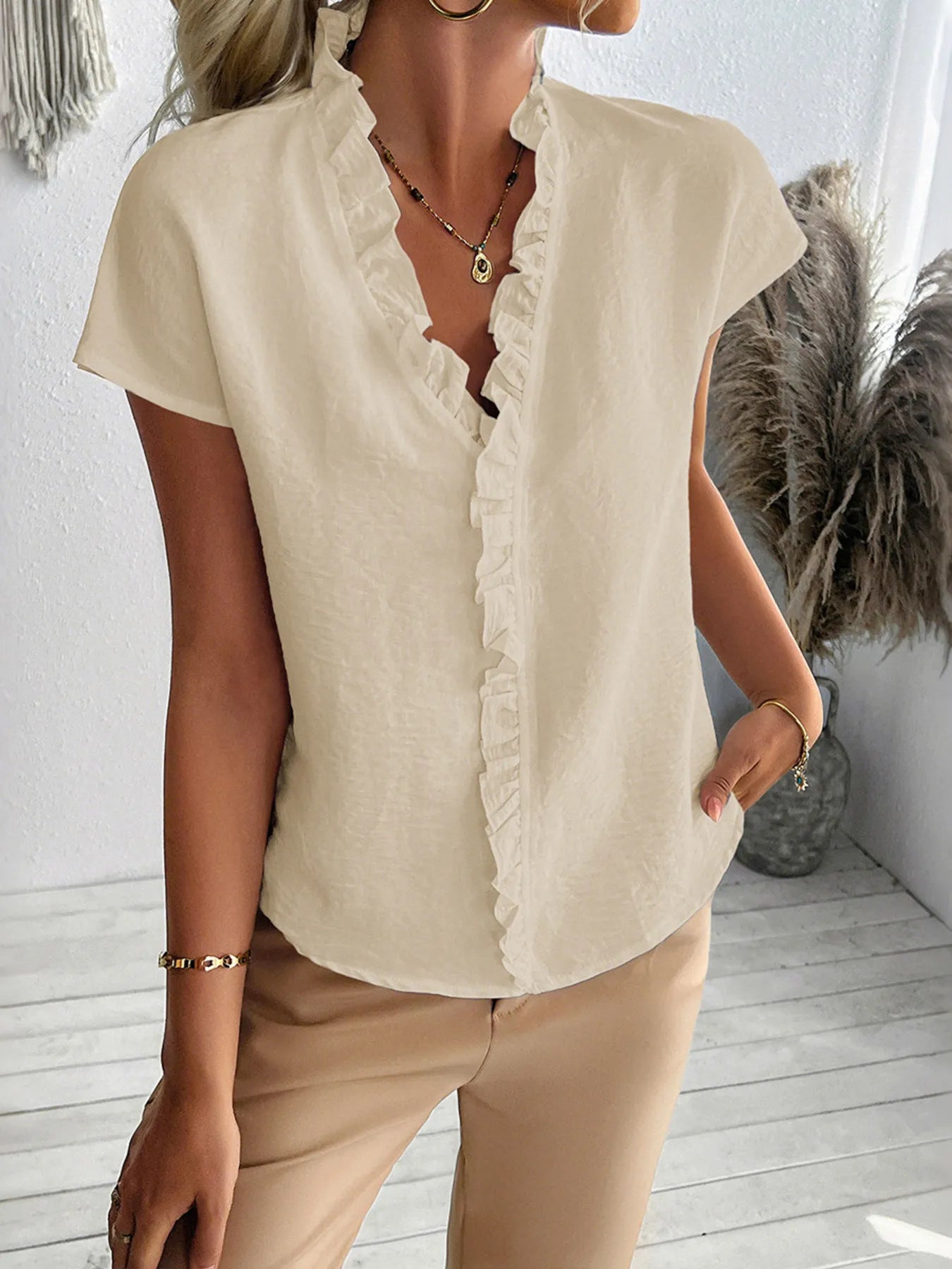 Ruffled V-Neck Short Sleeve Blouse OutfitFlow