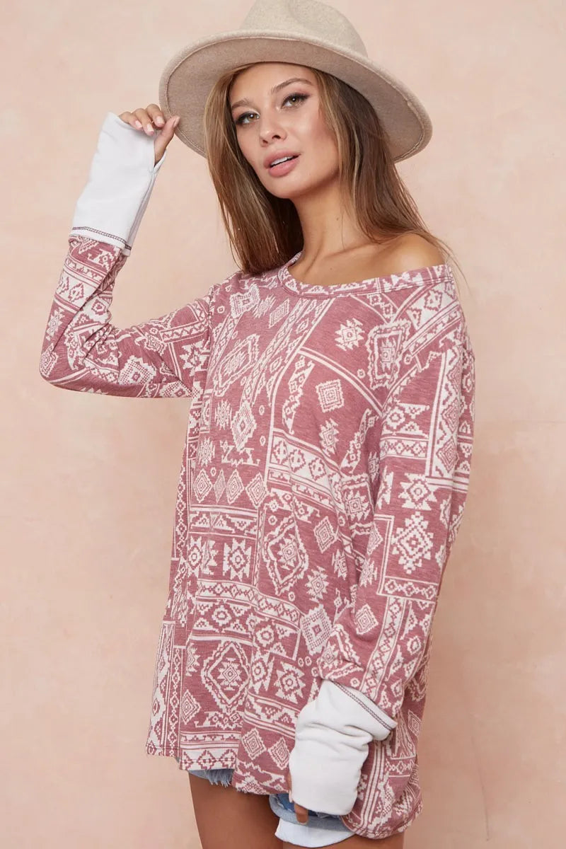 BiBi Aztec Print French Terry Top with Thumb Opening OutfitFlow