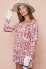 BiBi Aztec Print French Terry Top with Thumb Opening OutfitFlow