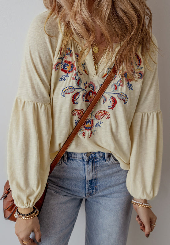 Outfit Flow - Embroidered Notched Long Sleeve Blouse