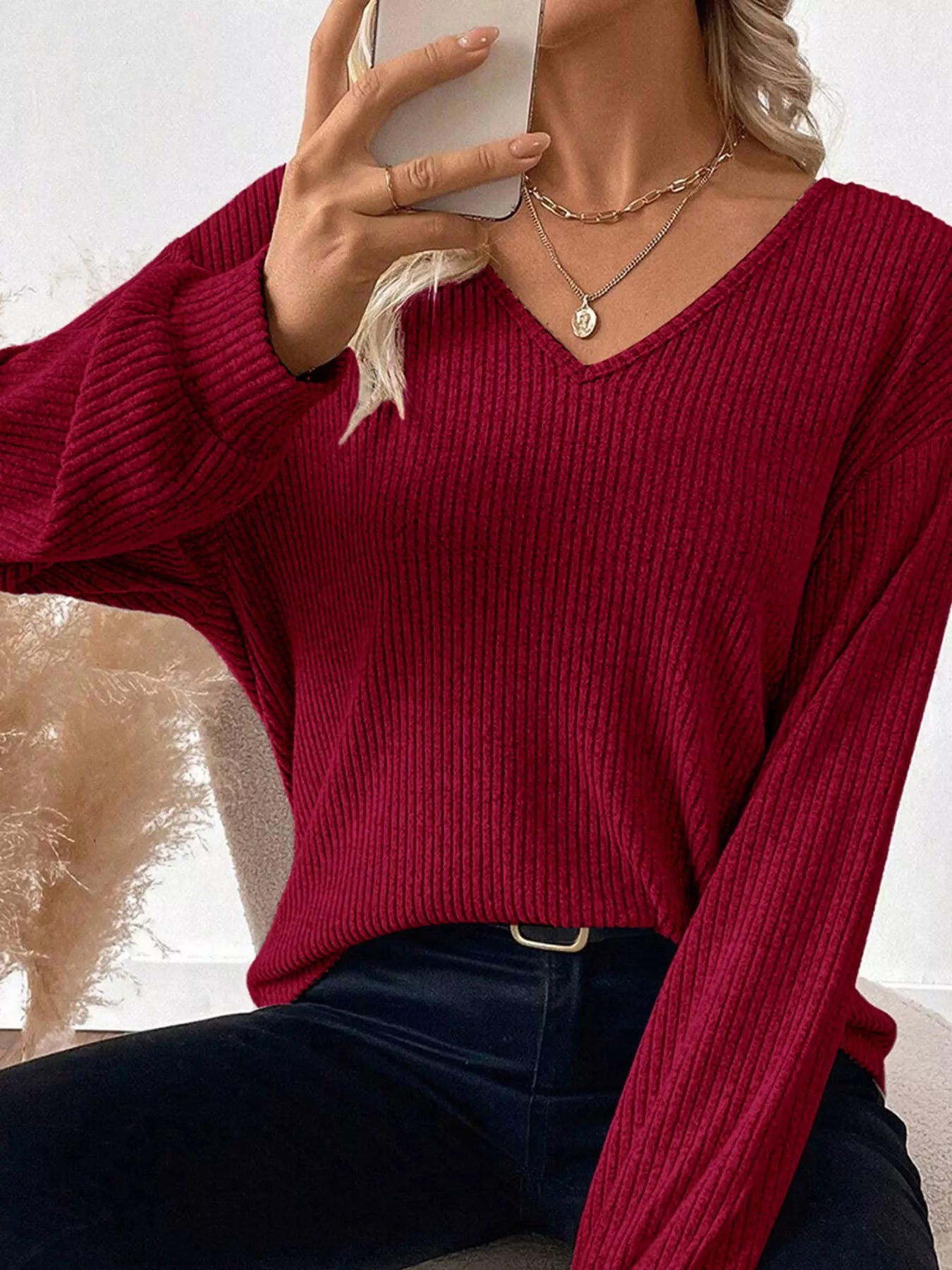 Ribbed V Neck Contrast Ribbon Bow Back Drop Shoulder Long Sleeve Top OutfitFlow