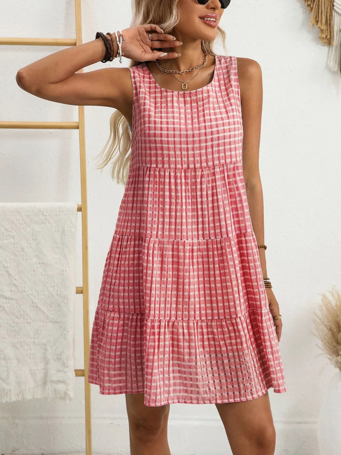 Plaid Round Neck Sleeveless Mini Dress OutfitFlow