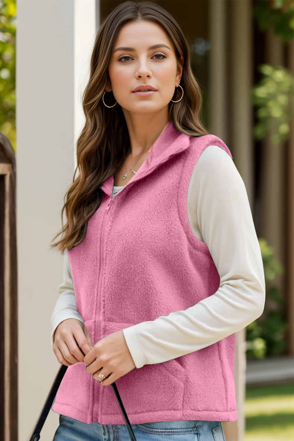 Zip Up Vest Coat with Pockets Pink Trendsi