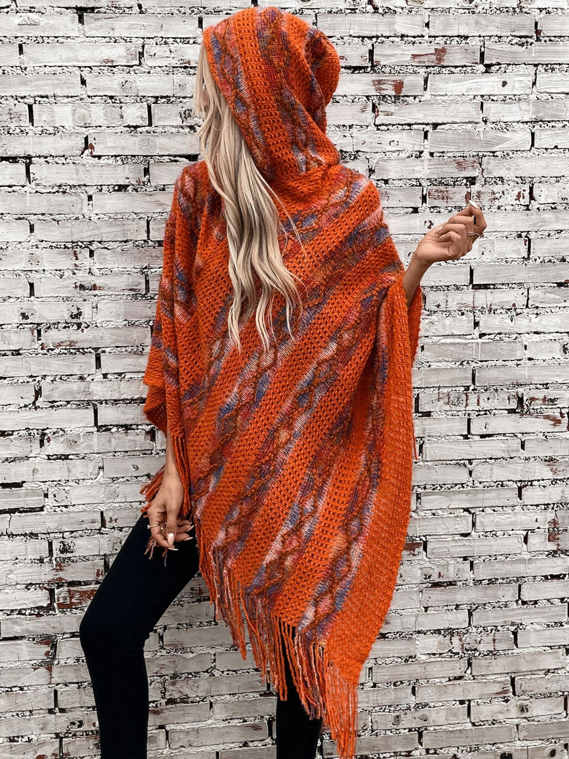 Outfit Flow - Fringe Contrast Hooded Poncho