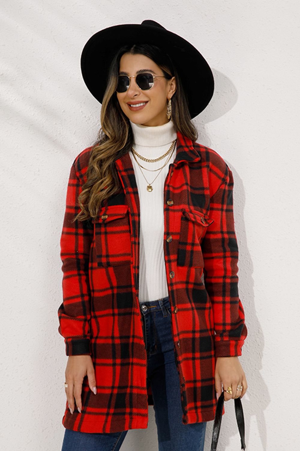 Shiny Plaid Collared Longline Coat Deep Red Trendsi