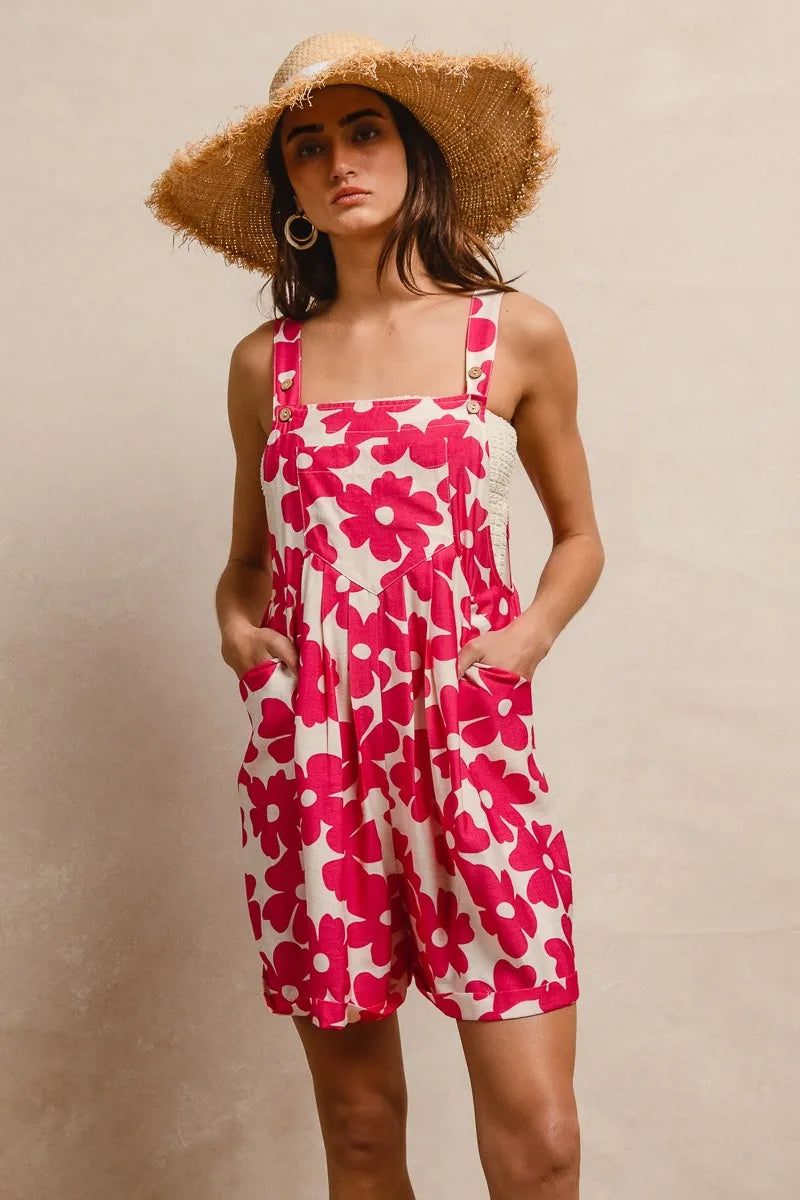 BiBi Floral Prints Tuck Detail Short Overall With Pockets OutfitFlow