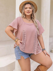 Plus Size Lace Detail Round Neck Short Sleeve T-Shirt OutfitFlow