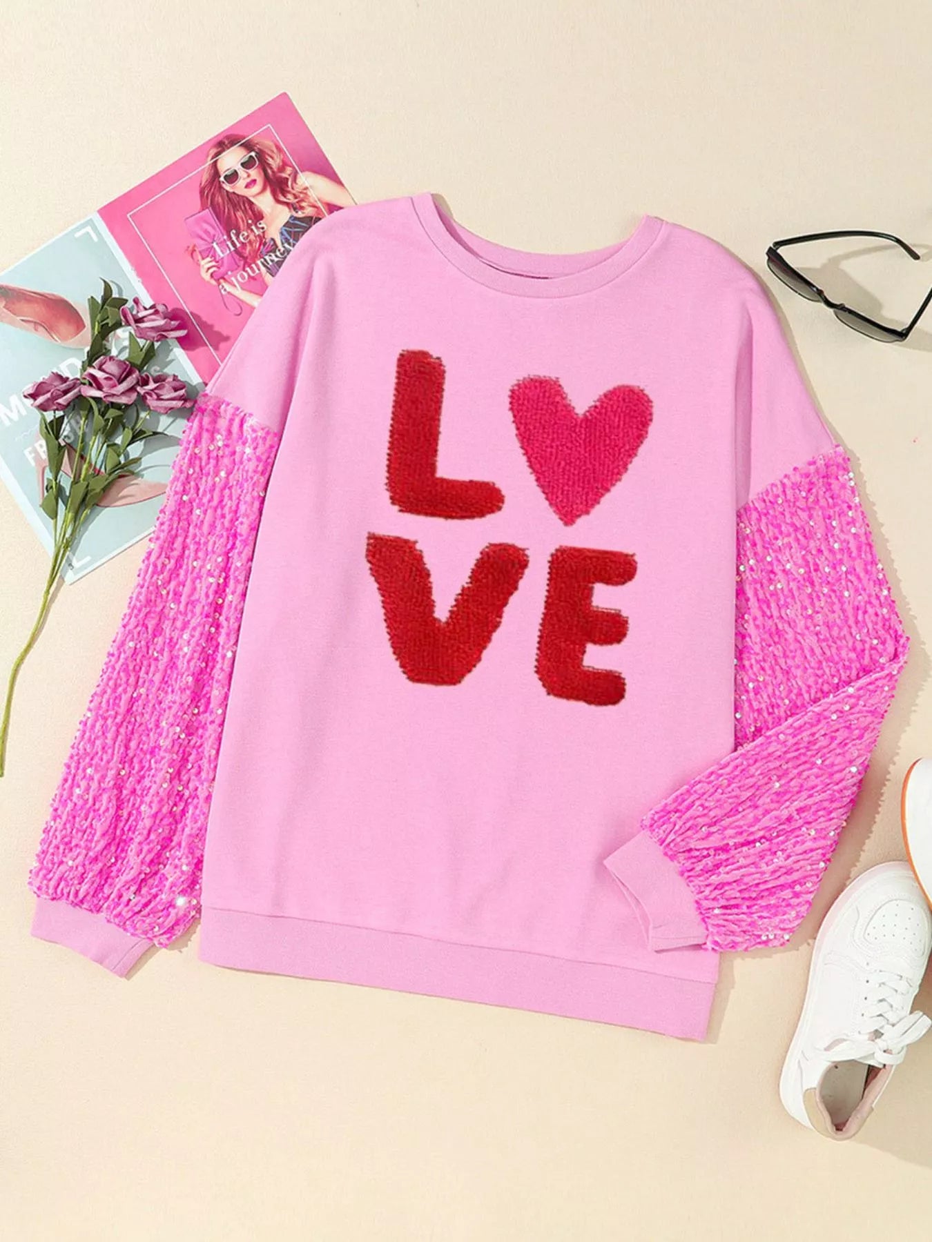 Sequin Round Neck Long Sleeve Sweatshirt OutfitFlow