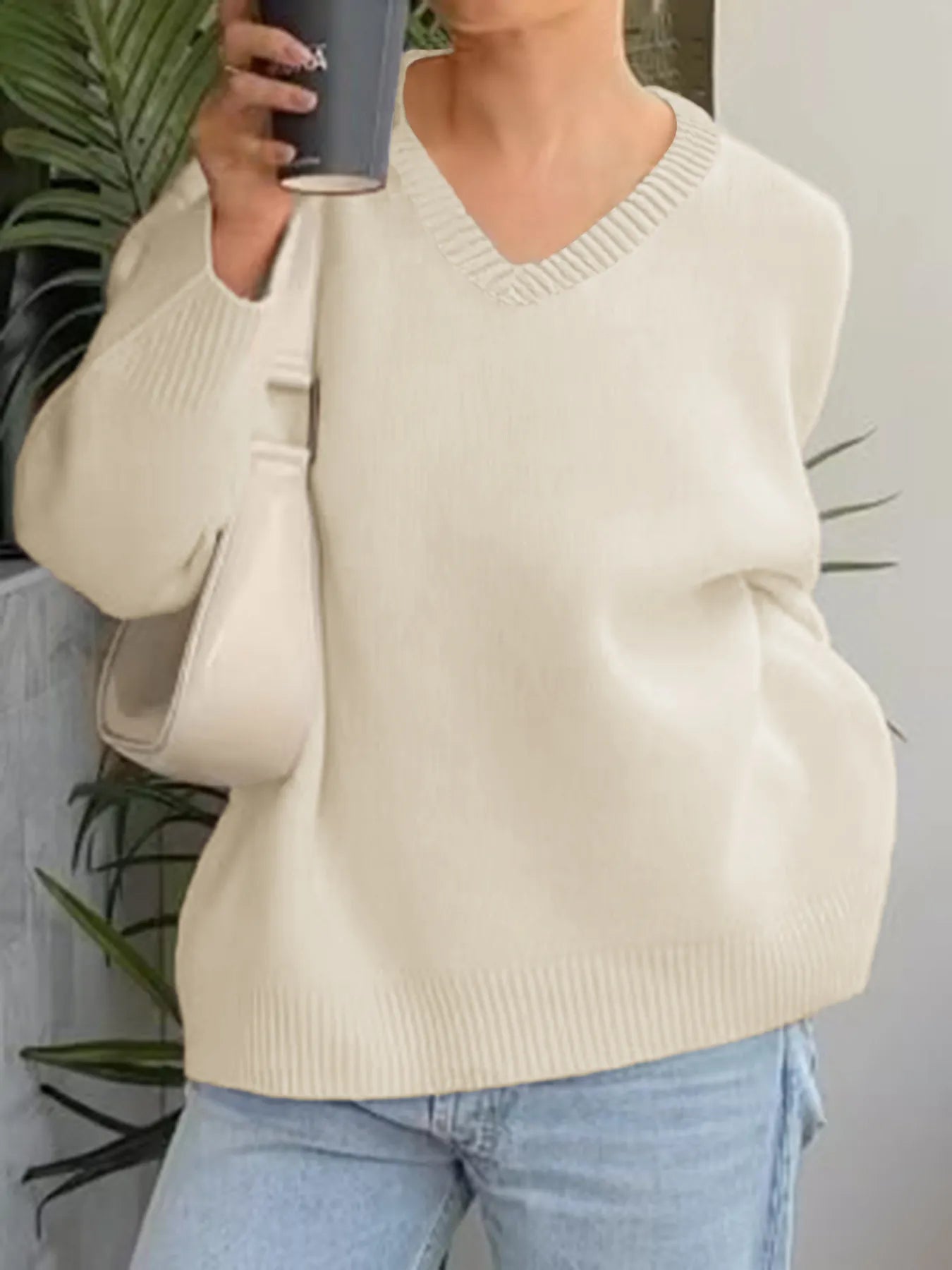 V-Neck Long Sleeve Sweater OutfitFlow