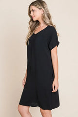 BOMBOM V-Neck Short Sleeve Dress with Pockets OutfitFlow