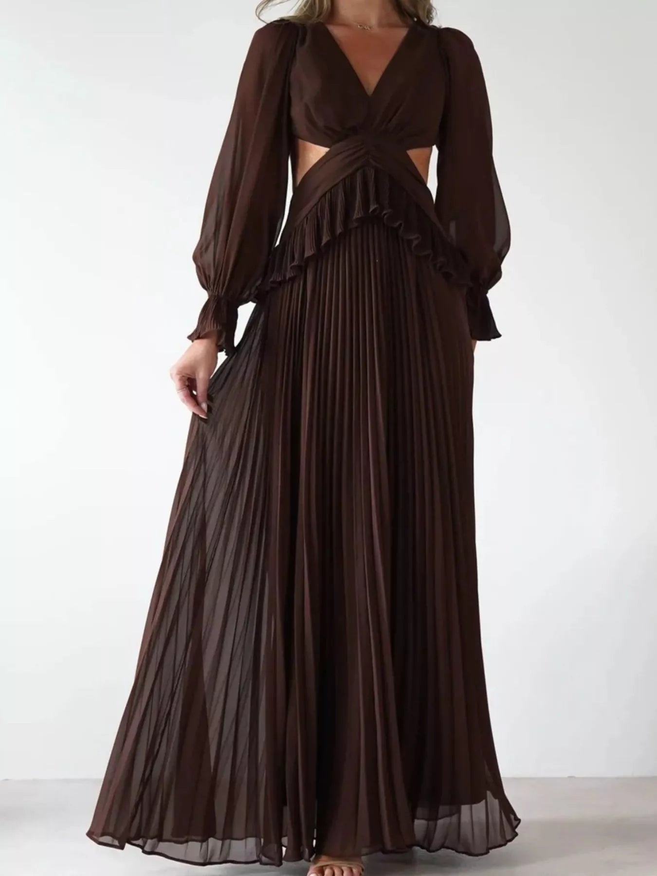 Backless Pleated Long Sleeve Maxi Dress OutfitFlow